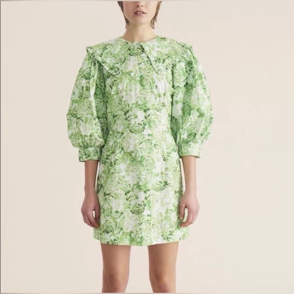 Ganni Sailor-Collar Garden Rose Floral Green size 38 Dress